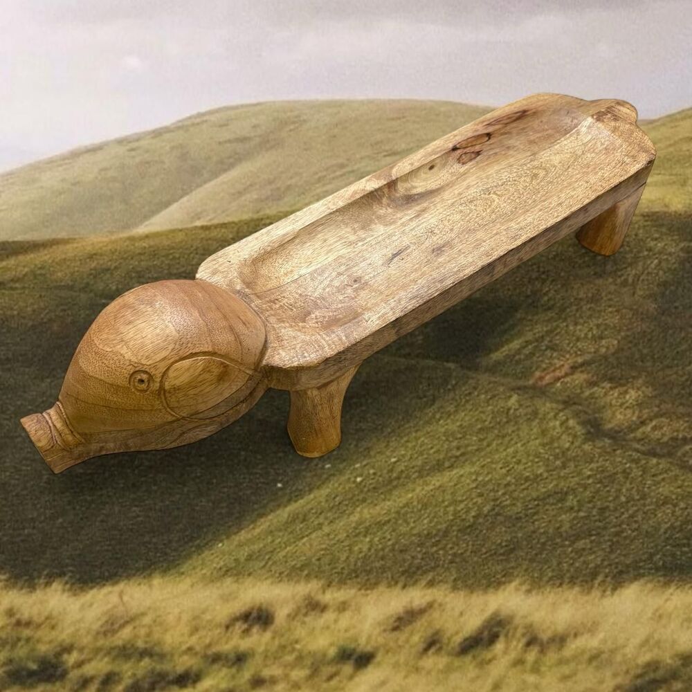 MCM Farmhouse Homestead Cottage Boho Hand Carved Wooden Pig Serving Tray